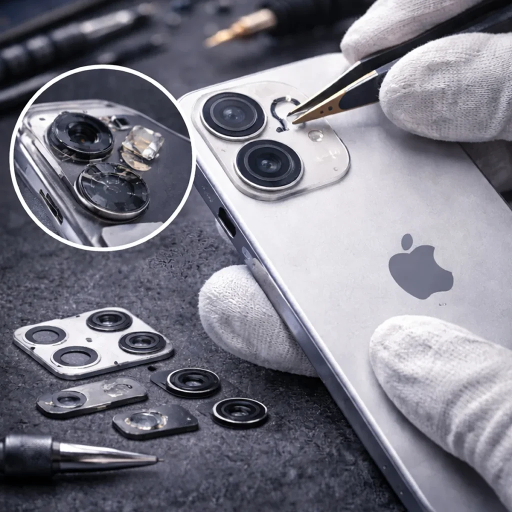Tecnico HS Electronics che sostituisce il vetro della fotocamera di un iPhone